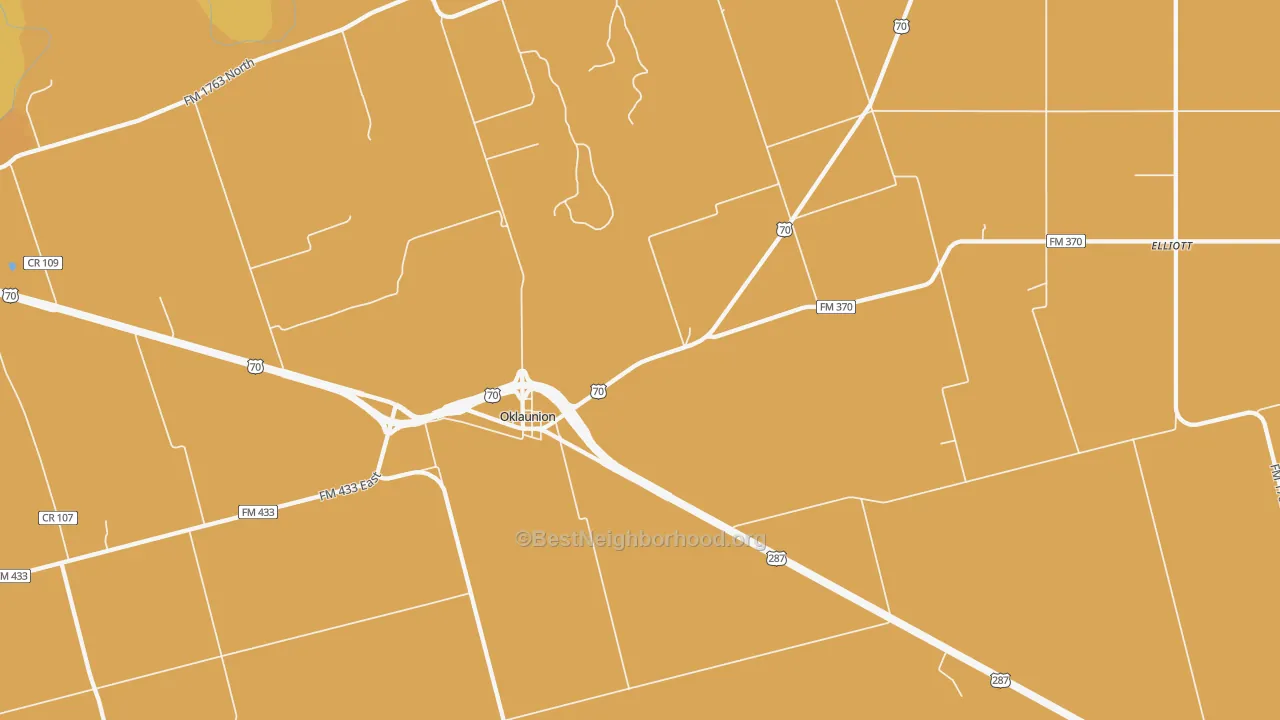 Map of the best neighborhoods in the 76373 area, with better matches in green and worse matches in red
