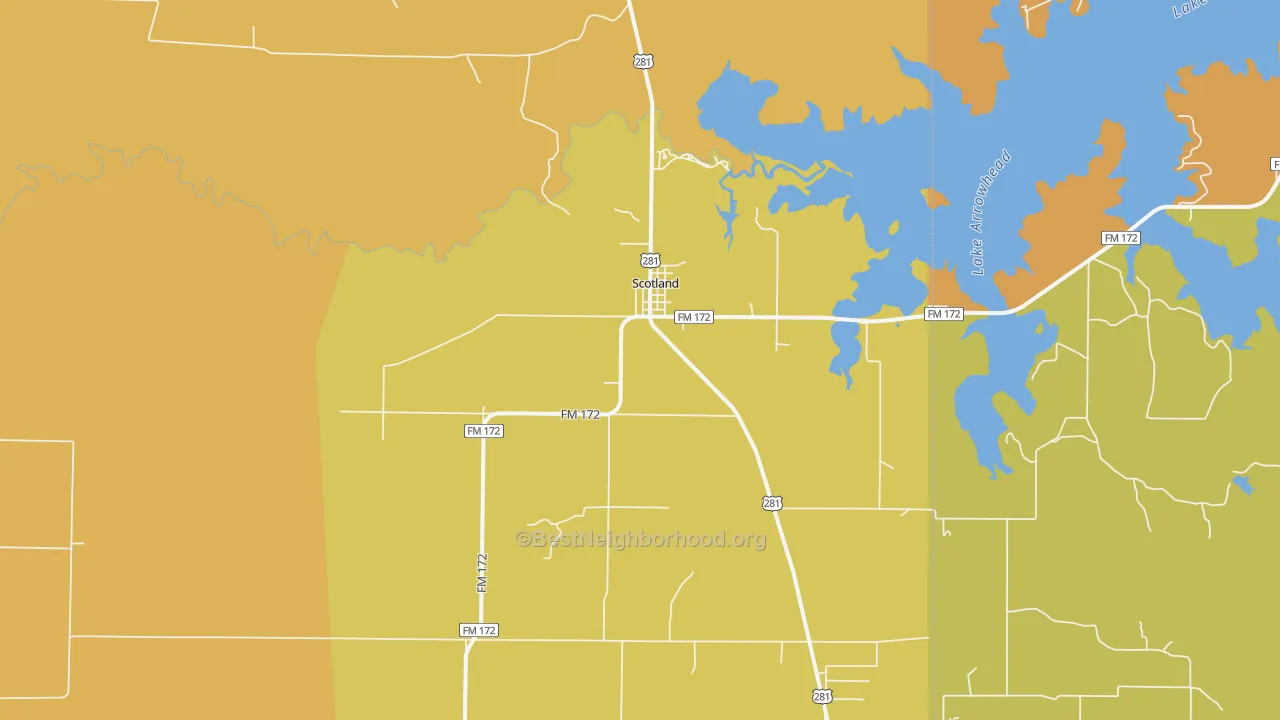 Map of the best neighborhoods in the 76379 area, with better matches in green and worse matches in red