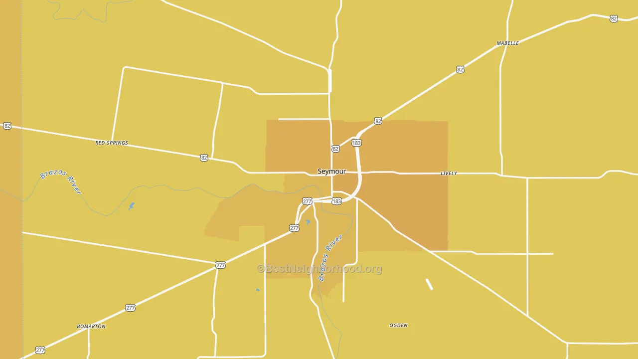 Map of the best neighborhoods in the 76380 area, with better matches in green and worse matches in red