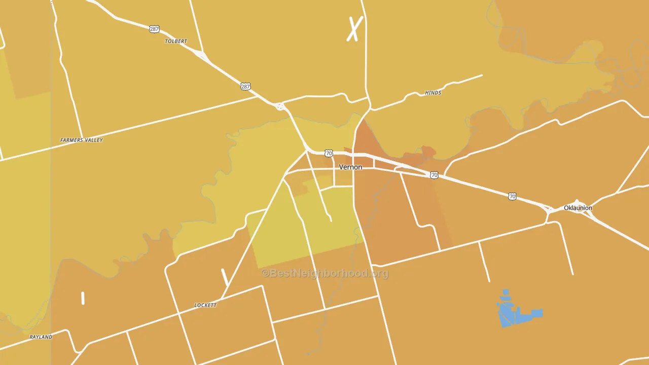 Map of the best neighborhoods in the 76384 area, with better matches in green and worse matches in red