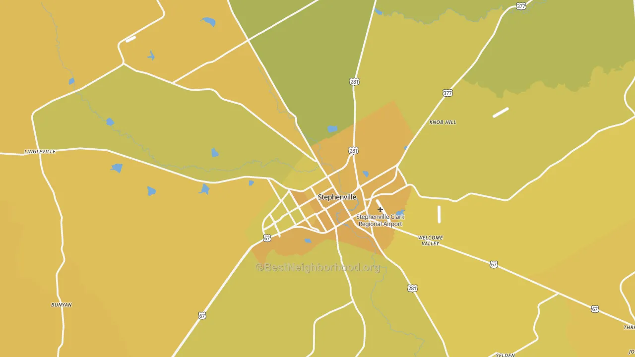 Map of the best neighborhoods in the 76401 area, with better matches in green and worse matches in red