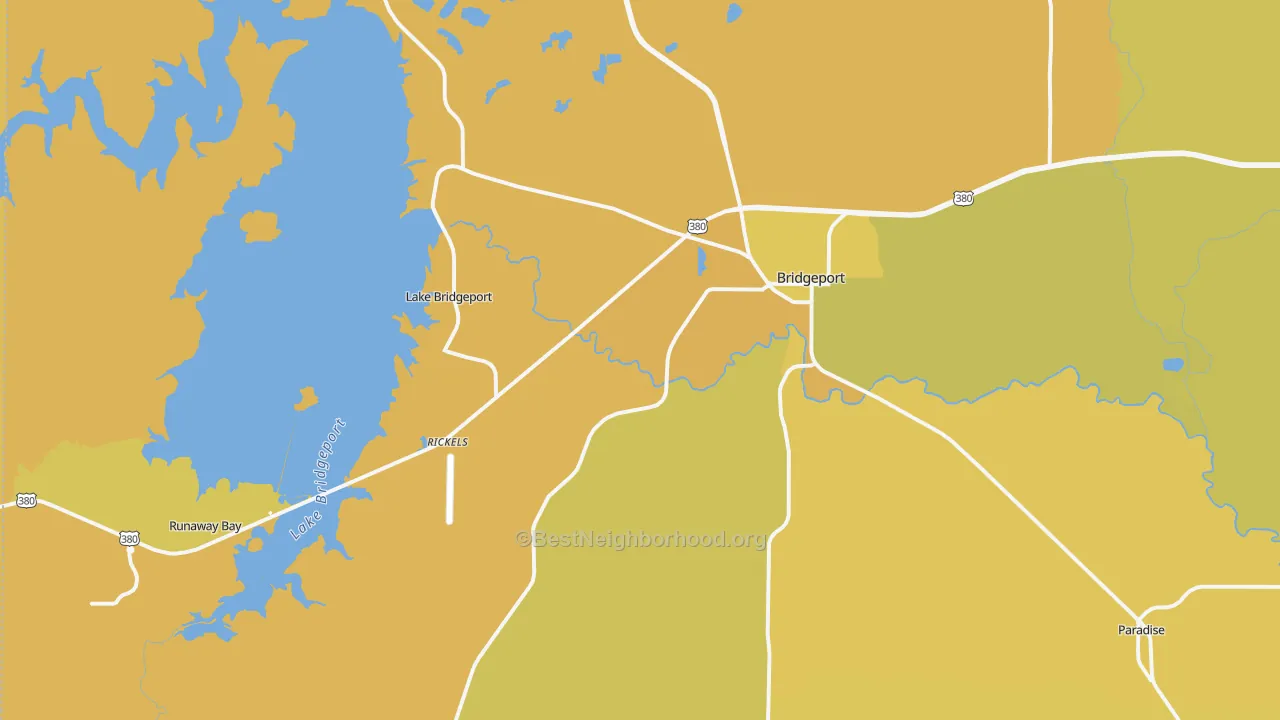 Map of the best neighborhoods in the 76426 area, with better matches in green and worse matches in red
