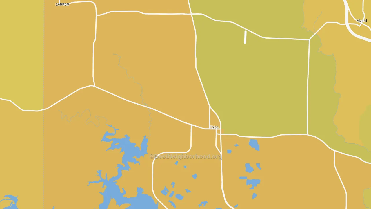 Map of the best neighborhoods in the 76431 area, with better matches in green and worse matches in red