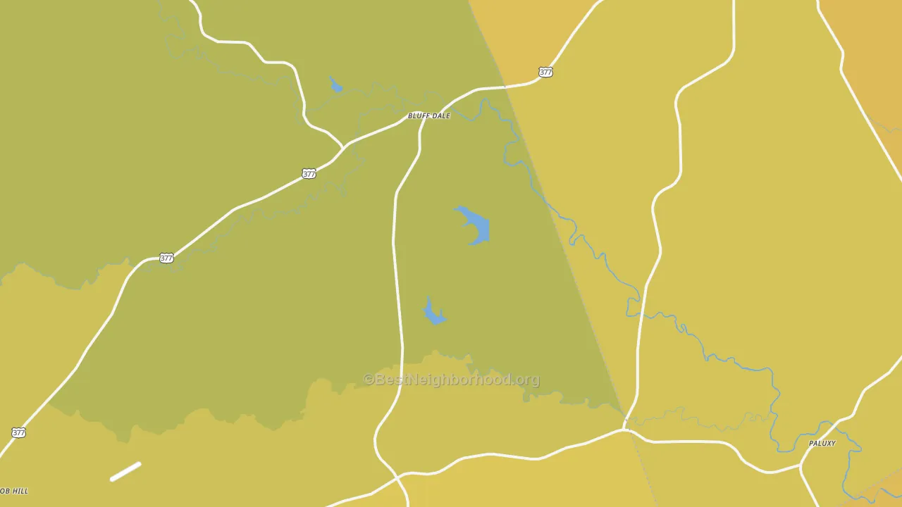 Map of the best neighborhoods in the 76433 area, with better matches in green and worse matches in red