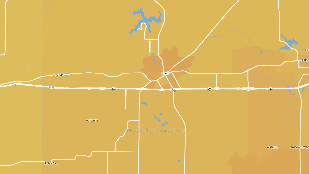 Map of the best neighborhoods in the 76437 area, with better matches in green and worse matches in red
