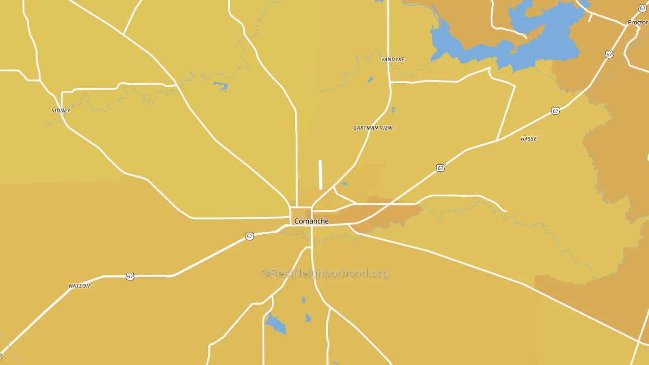 Map of the best neighborhoods in the 76442 area, with better matches in green and worse matches in red