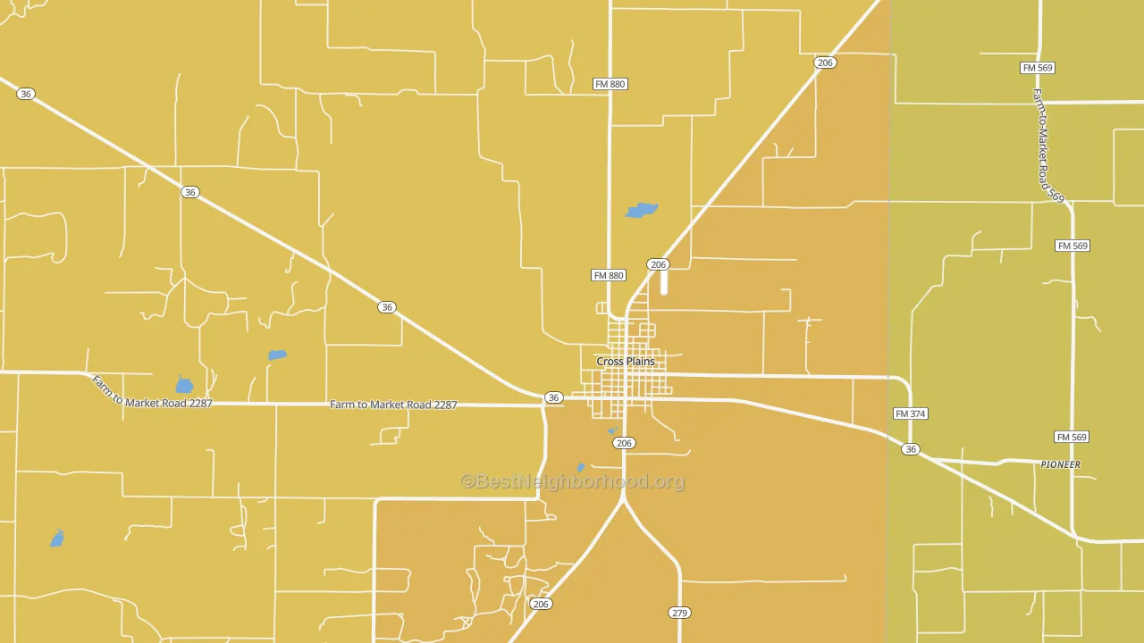Map of the best neighborhoods in the 76443 area, with better matches in green and worse matches in red