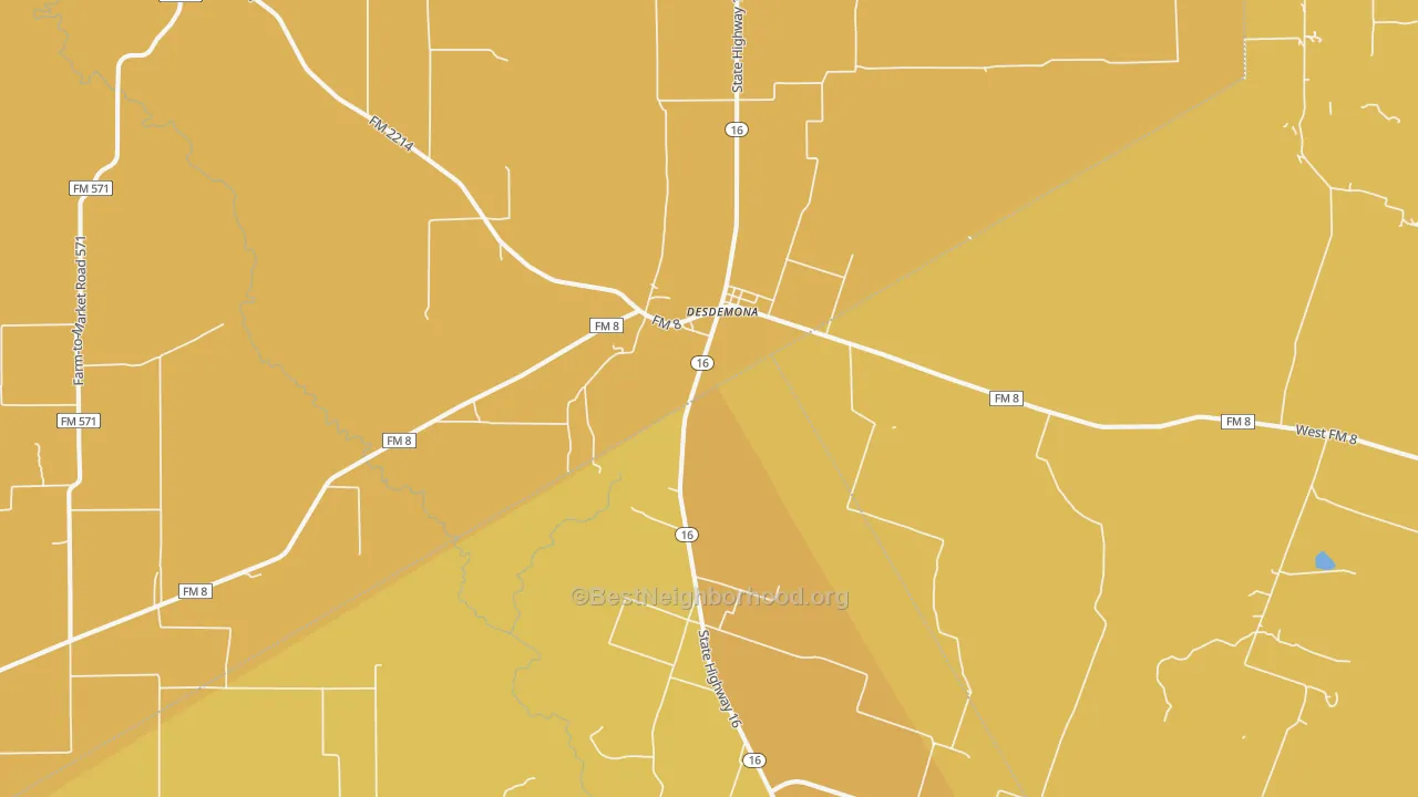 Map of the best neighborhoods in the 76445 area, with better matches in green and worse matches in red