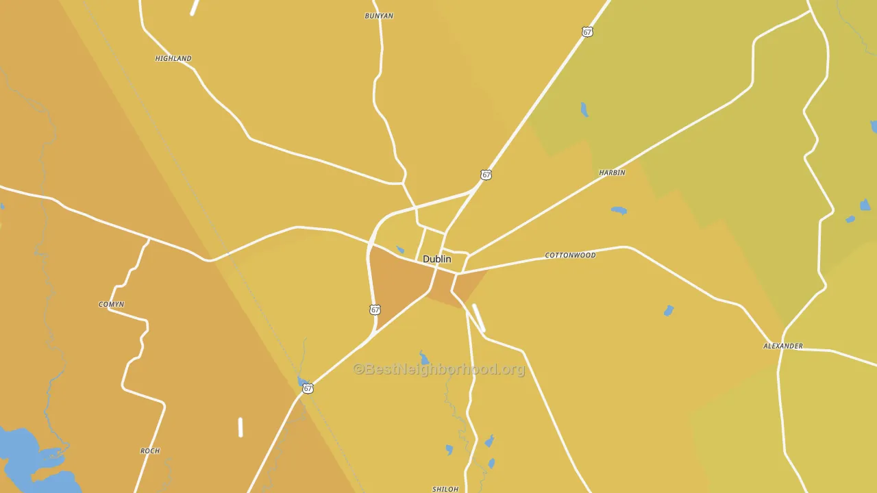 Map of the best neighborhoods in the 76446 area, with better matches in green and worse matches in red
