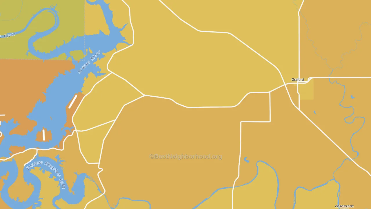 Map of the best neighborhoods in the 76449 area, with better matches in green and worse matches in red
