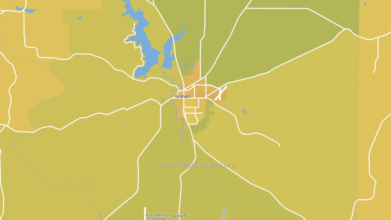 Map of the best neighborhoods in the 76450 area, with better matches in green and worse matches in red