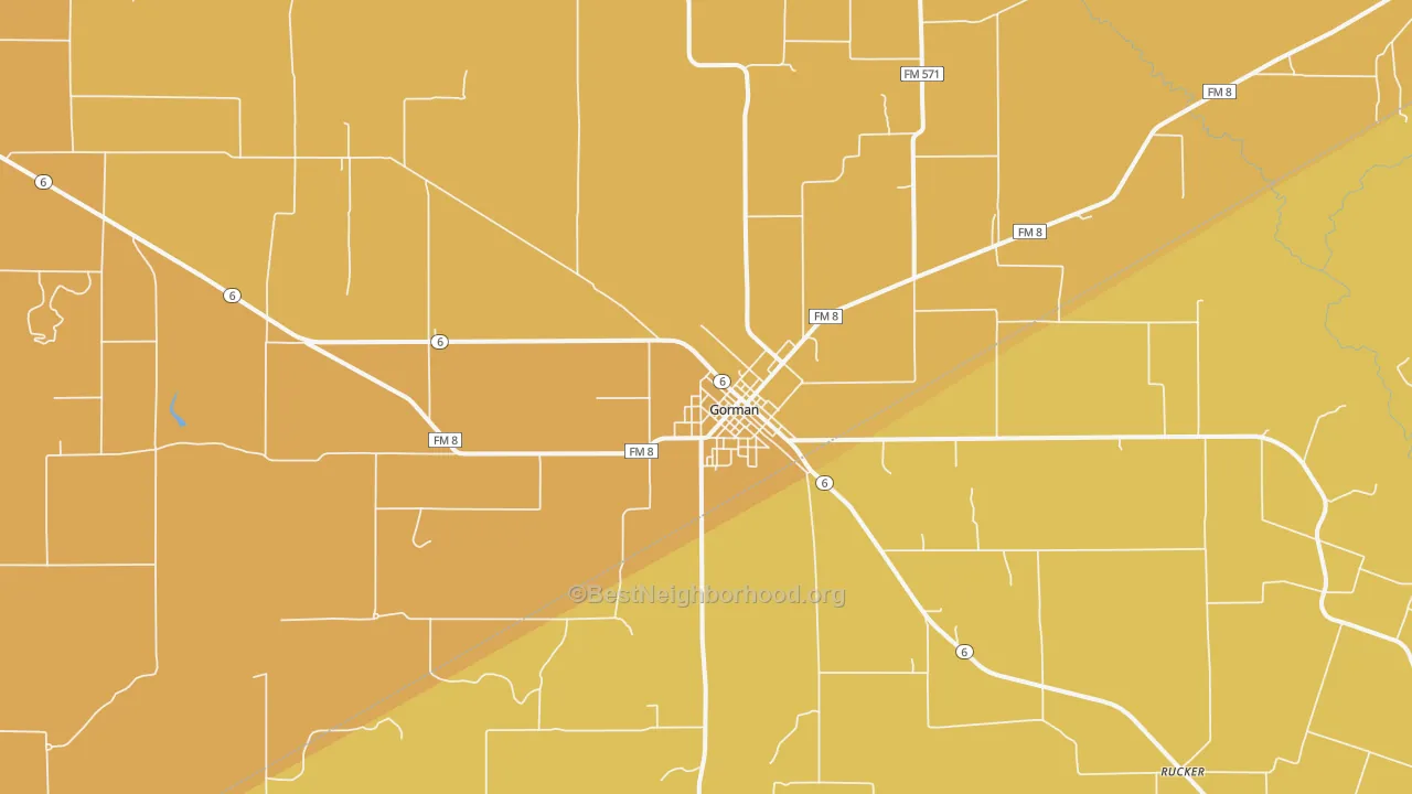 Map of the best neighborhoods in the 76454 area, with better matches in green and worse matches in red