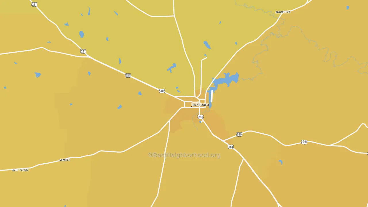 Map of the best neighborhoods in the 76458 area, with better matches in green and worse matches in red