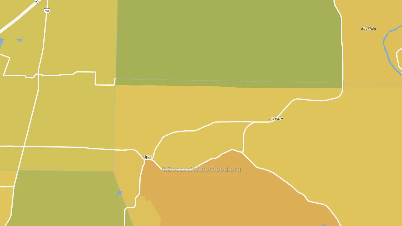 Map of the best neighborhoods in the 76462 area, with better matches in green and worse matches in red