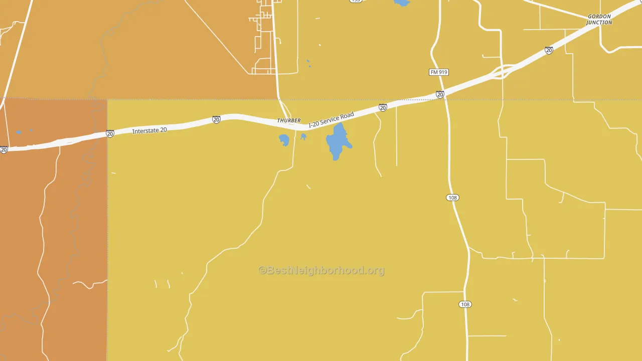 Map of the best neighborhoods in the 76463 area, with better matches in green and worse matches in red