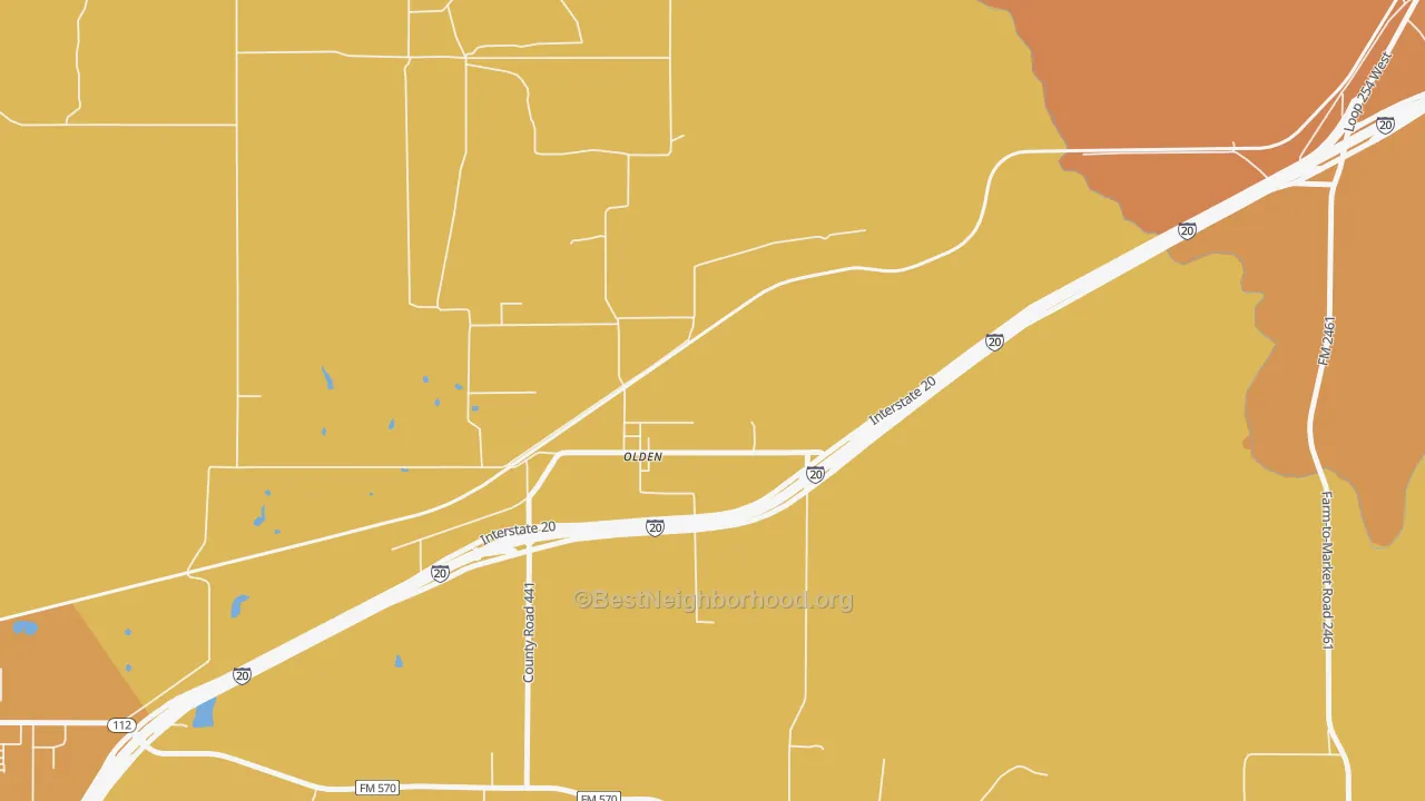 Map of the best neighborhoods in the 76466 area, with better matches in green and worse matches in red