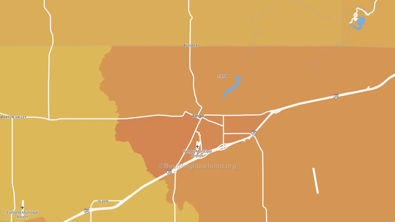 Map of the best neighborhoods in the 76470 area, with better matches in green and worse matches in red