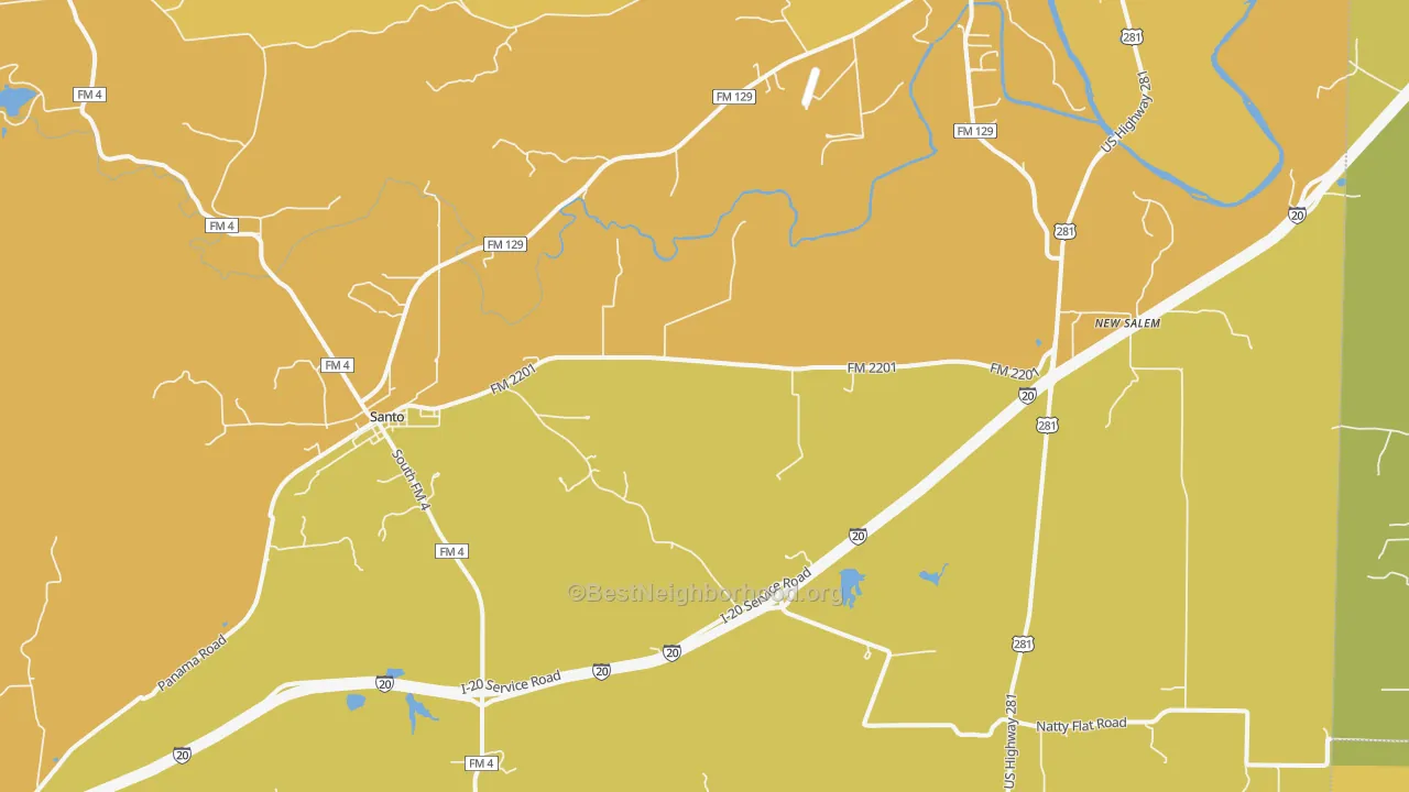 Map of the best neighborhoods in the 76472 area, with better matches in green and worse matches in red