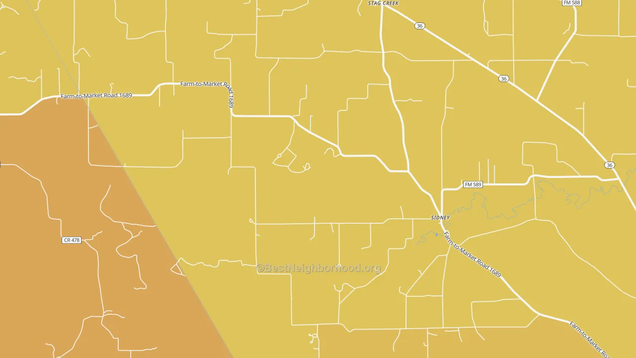 Map of the best neighborhoods in the 76474 area, with better matches in green and worse matches in red