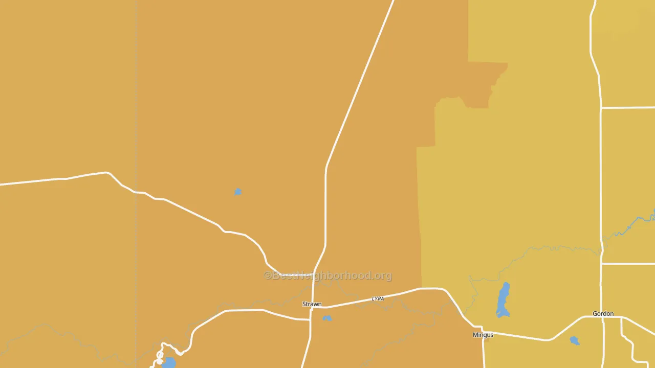 Map of the best neighborhoods in the 76475 area, with better matches in green and worse matches in red