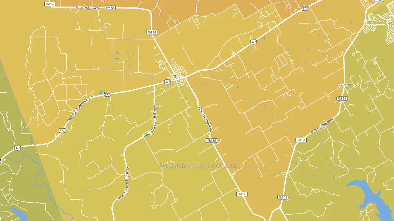 Map of the best neighborhoods in the 76476 area, with better matches in green and worse matches in red