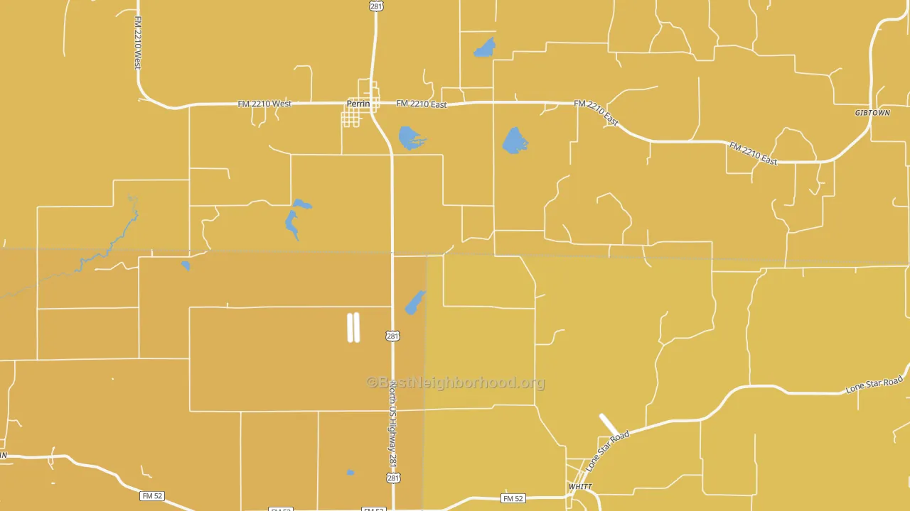Map of the best neighborhoods in the 76486 area, with better matches in green and worse matches in red