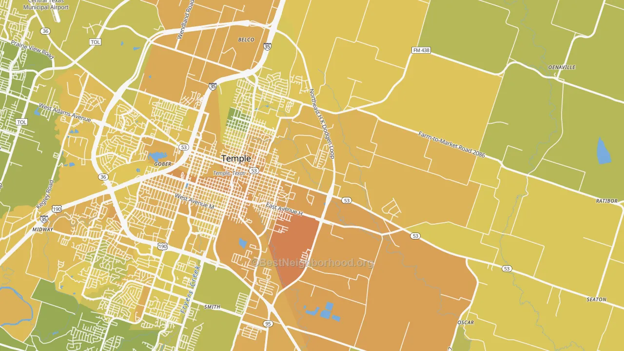 Map of the best neighborhoods in the 76501 area, with better matches in green and worse matches in red