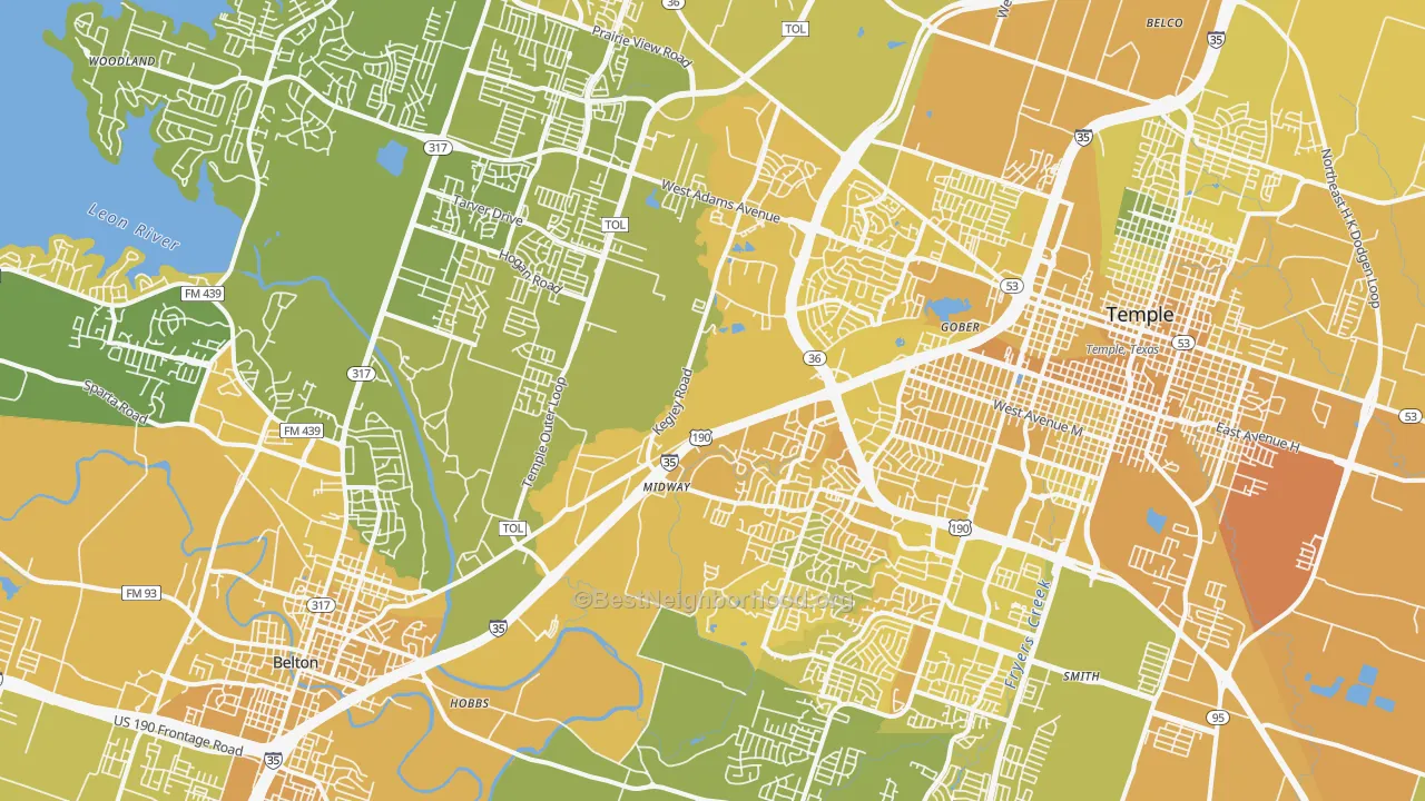 Map of the best neighborhoods in the 76502 area, with better matches in green and worse matches in red