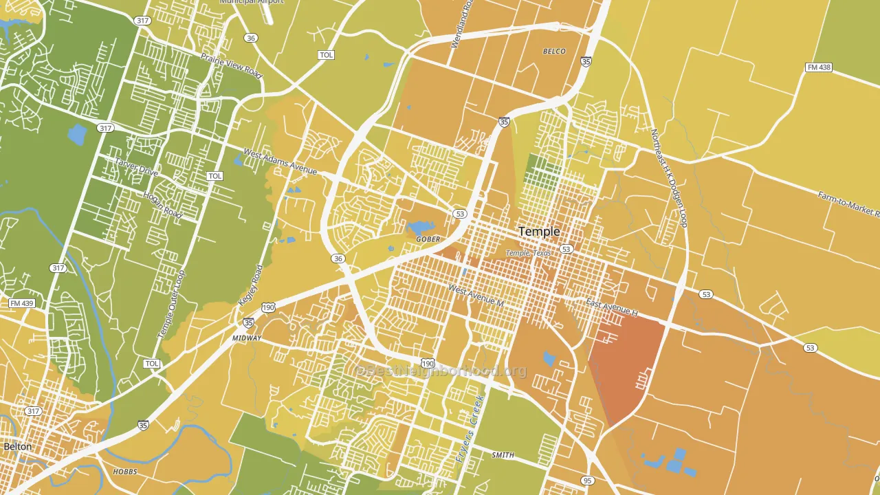 Map of the best neighborhoods in the 76504 area, with better matches in green and worse matches in red