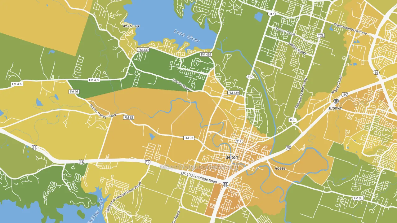 Map of the best neighborhoods in the 76513 area, with better matches in green and worse matches in red