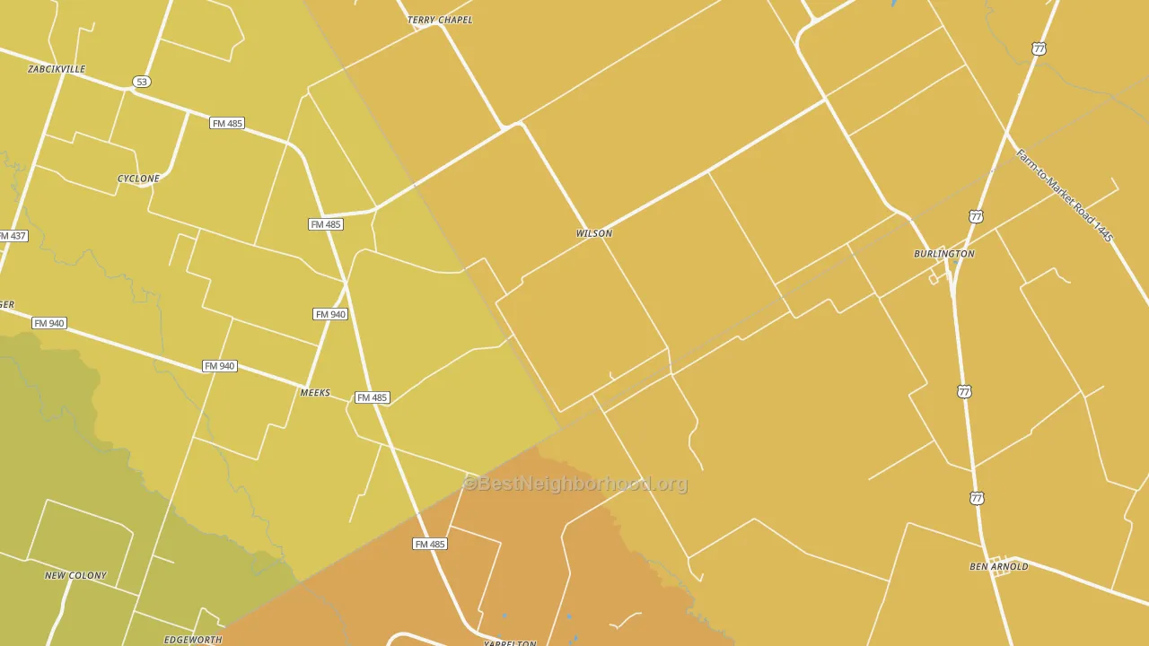 Map of the best neighborhoods in the 76519 area, with better matches in green and worse matches in red