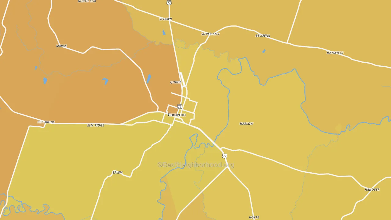 Map of the best neighborhoods in the 76520 area, with better matches in green and worse matches in red