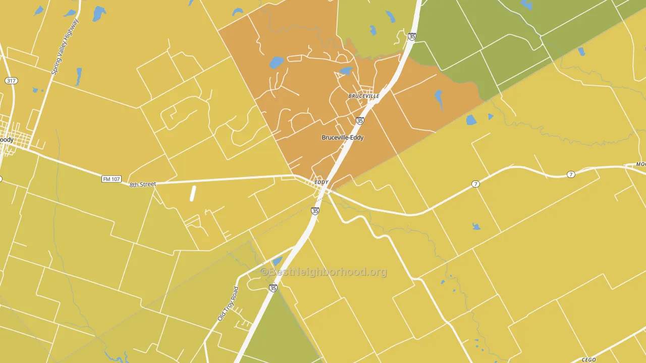 Map of the best neighborhoods in the 76524 area, with better matches in green and worse matches in red