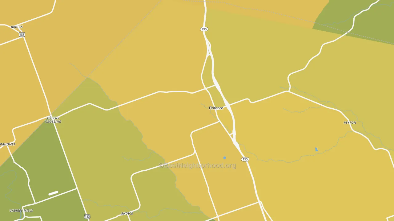 Map of the best neighborhoods in the 76527 area, with better matches in green and worse matches in red