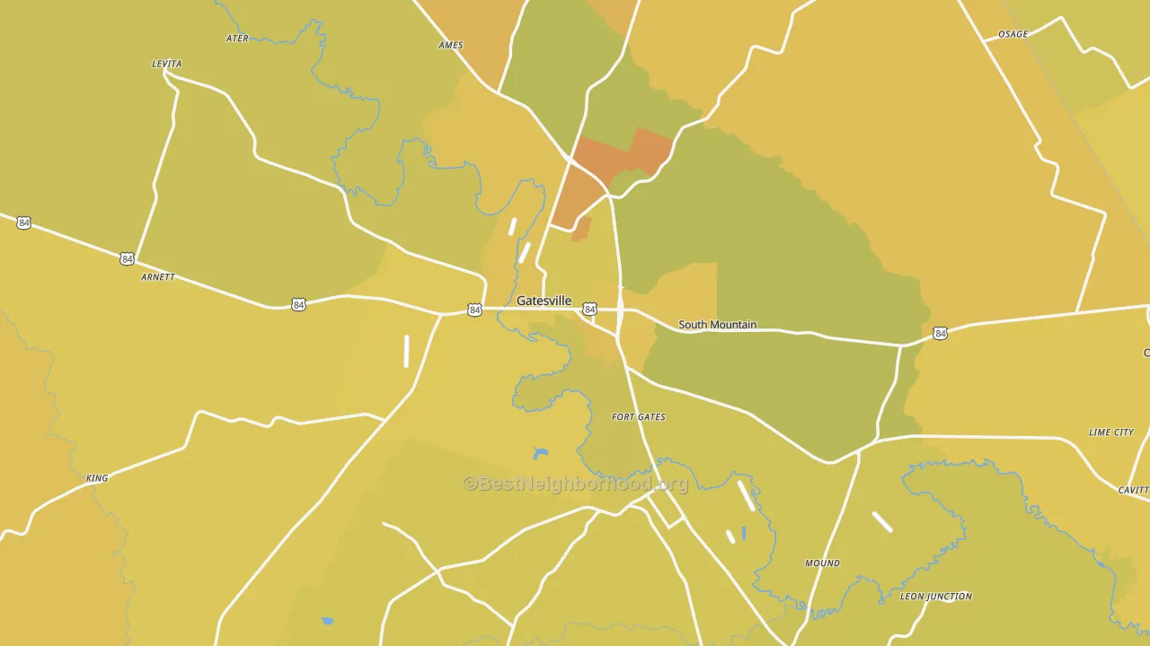 Map of the best neighborhoods in the 76528 area, with better matches in green and worse matches in red