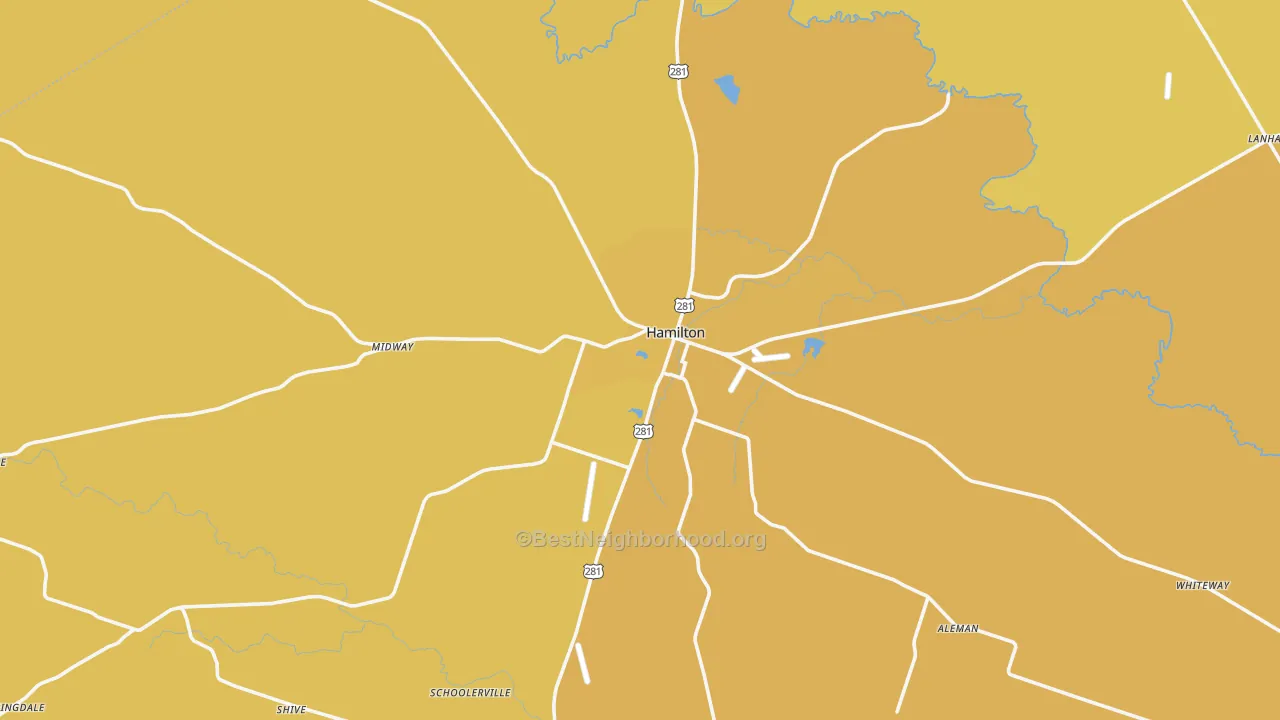 Map of the best neighborhoods in the 76531 area, with better matches in green and worse matches in red