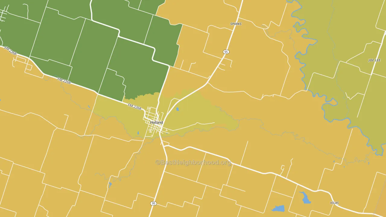 Map of the best neighborhoods in the 76534 area, with better matches in green and worse matches in red