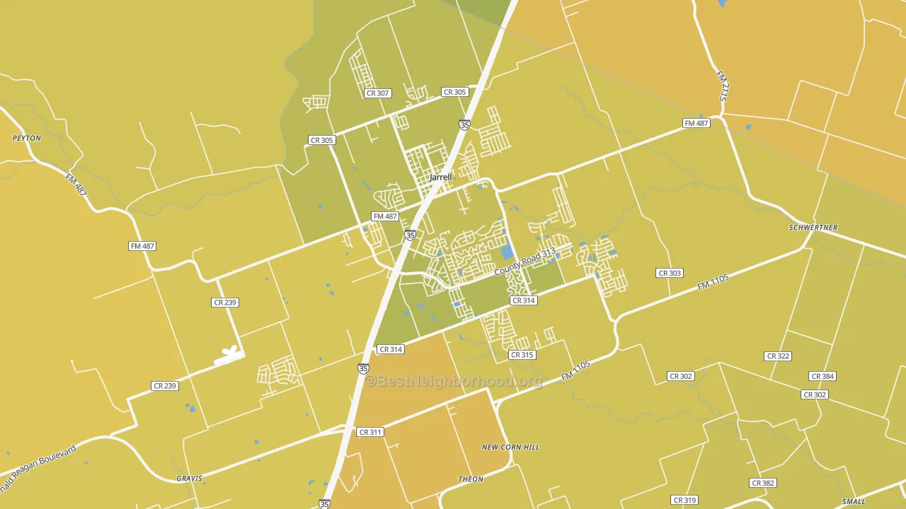 Map of the best neighborhoods in the 76537 area, with better matches in green and worse matches in red