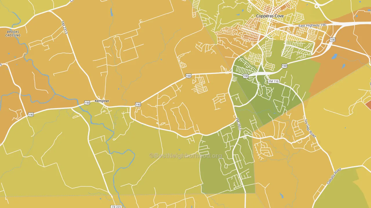 Map of the best neighborhoods in the 76539 area, with better matches in green and worse matches in red