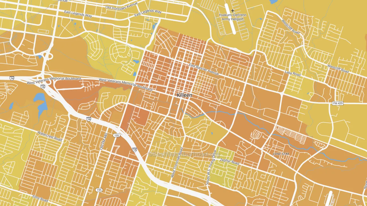 Map of the best neighborhoods in the 76541 area, with better matches in green and worse matches in red
