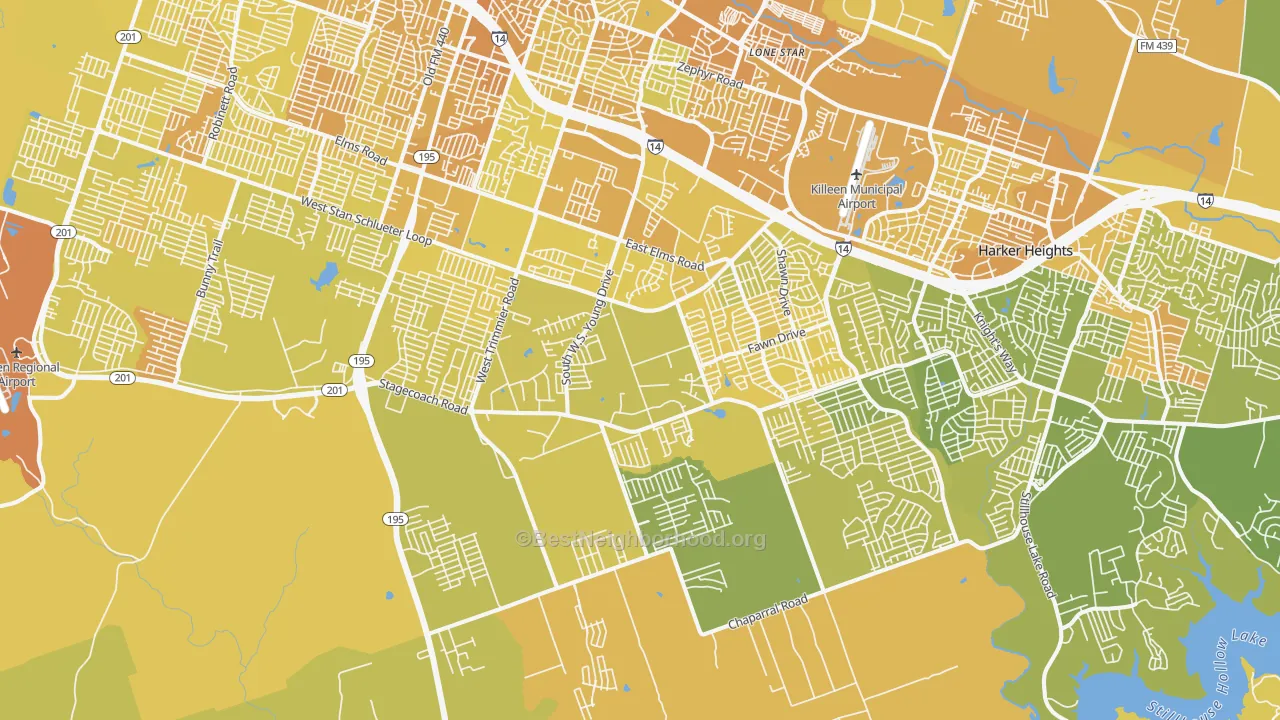 Map of the best neighborhoods in the 76542 area, with better matches in green and worse matches in red