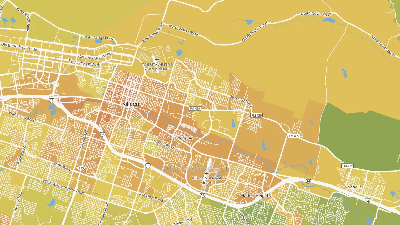 Map of the best neighborhoods in the 76543 area, with better matches in green and worse matches in red