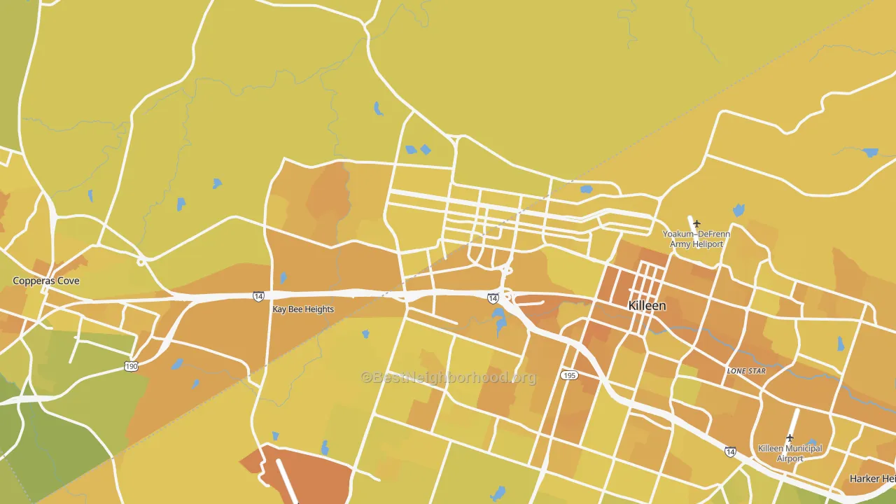Map of the best neighborhoods in the 76544 area, with better matches in green and worse matches in red