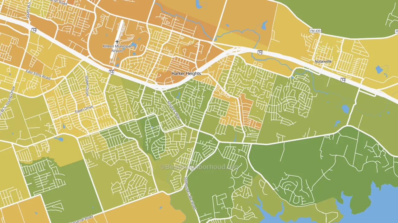 Map of the best neighborhoods in the 76548 area, with better matches in green and worse matches in red