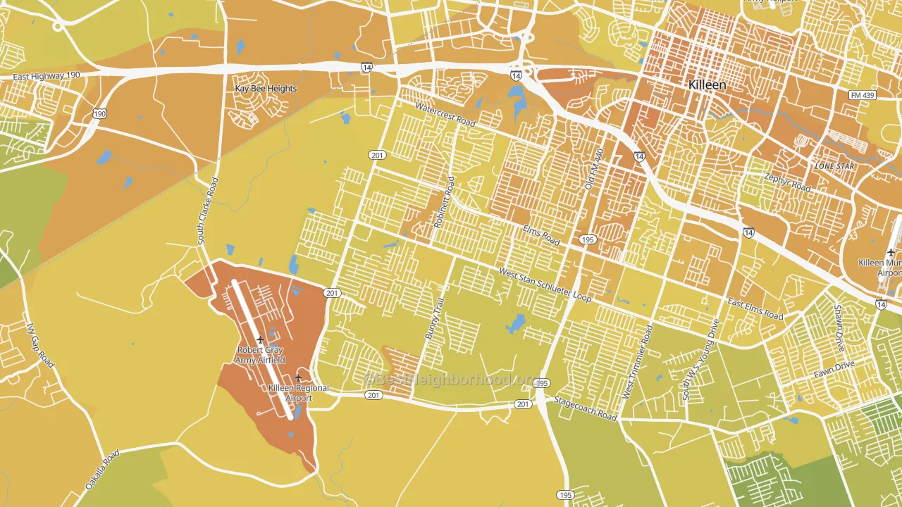 Map of the best neighborhoods in the 76549 area, with better matches in green and worse matches in red