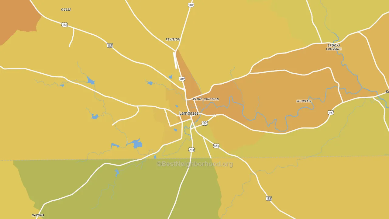 Map of the best neighborhoods in the 76550 area, with better matches in green and worse matches in red