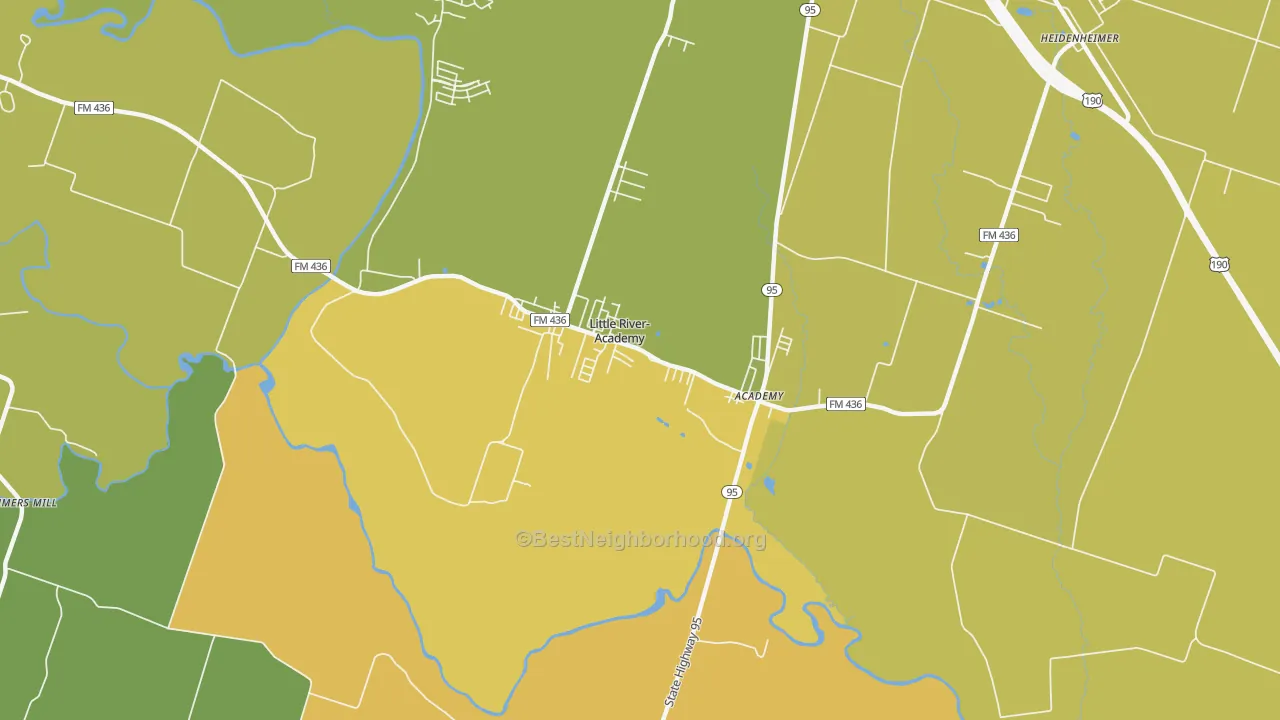 Map of the best neighborhoods in the 76554 area, with better matches in green and worse matches in red