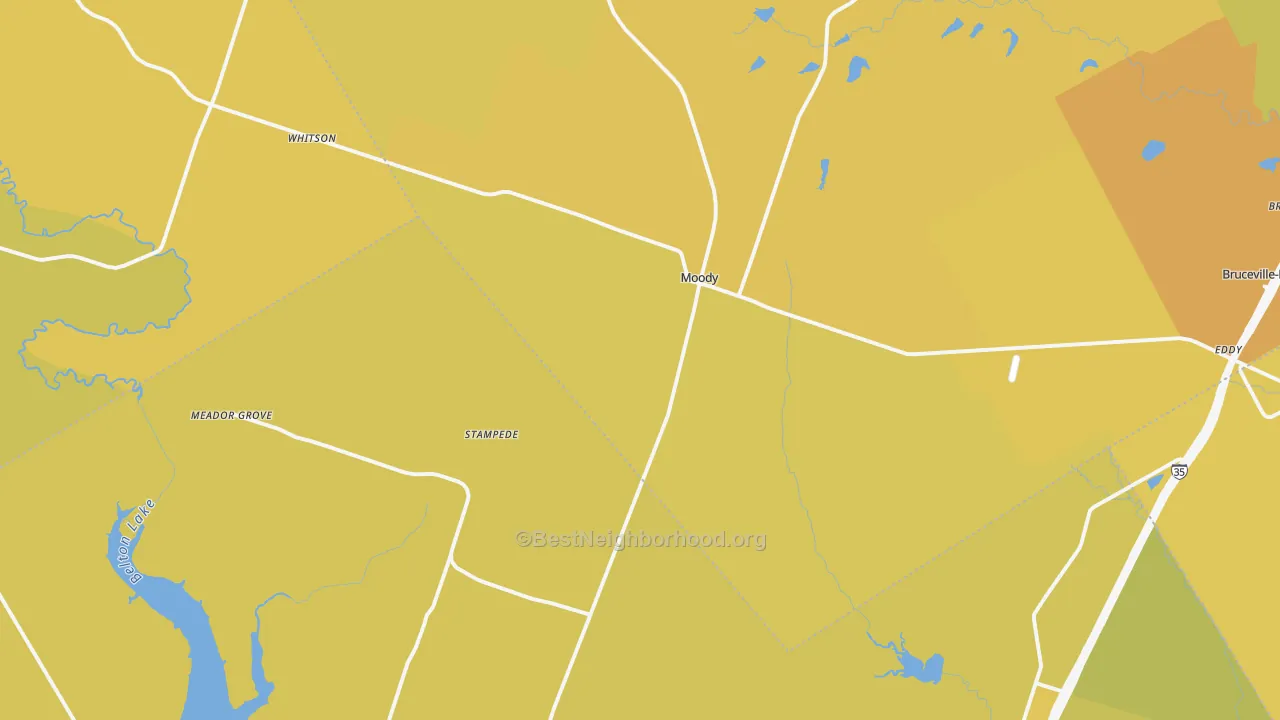 Map of the best neighborhoods in the 76557 area, with better matches in green and worse matches in red
