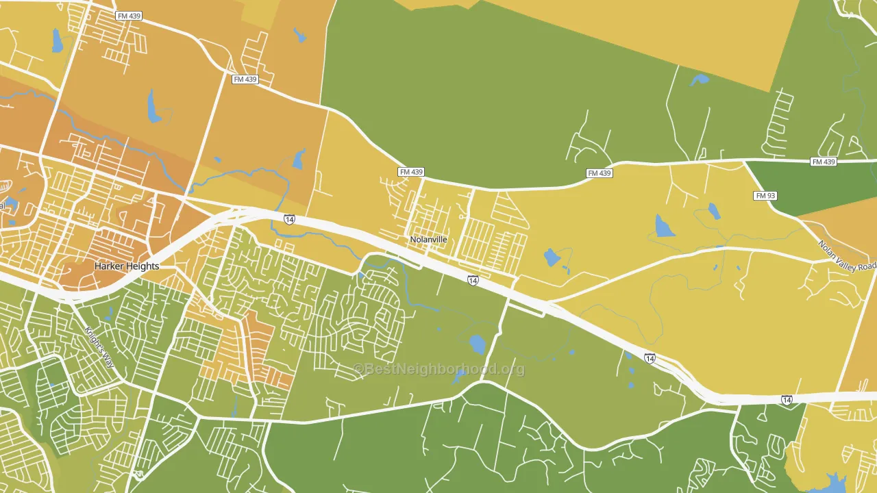 Map of the best neighborhoods in the 76559 area, with better matches in green and worse matches in red