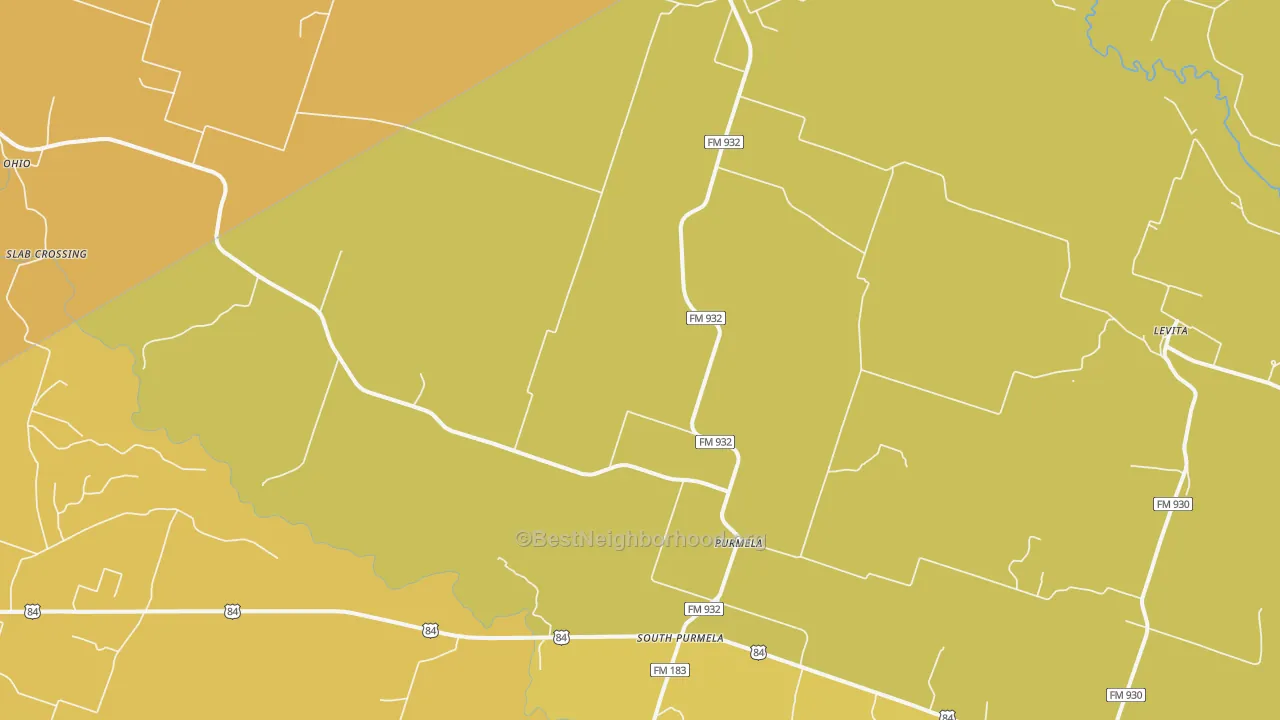 Map of the best neighborhoods in the 76566 area, with better matches in green and worse matches in red